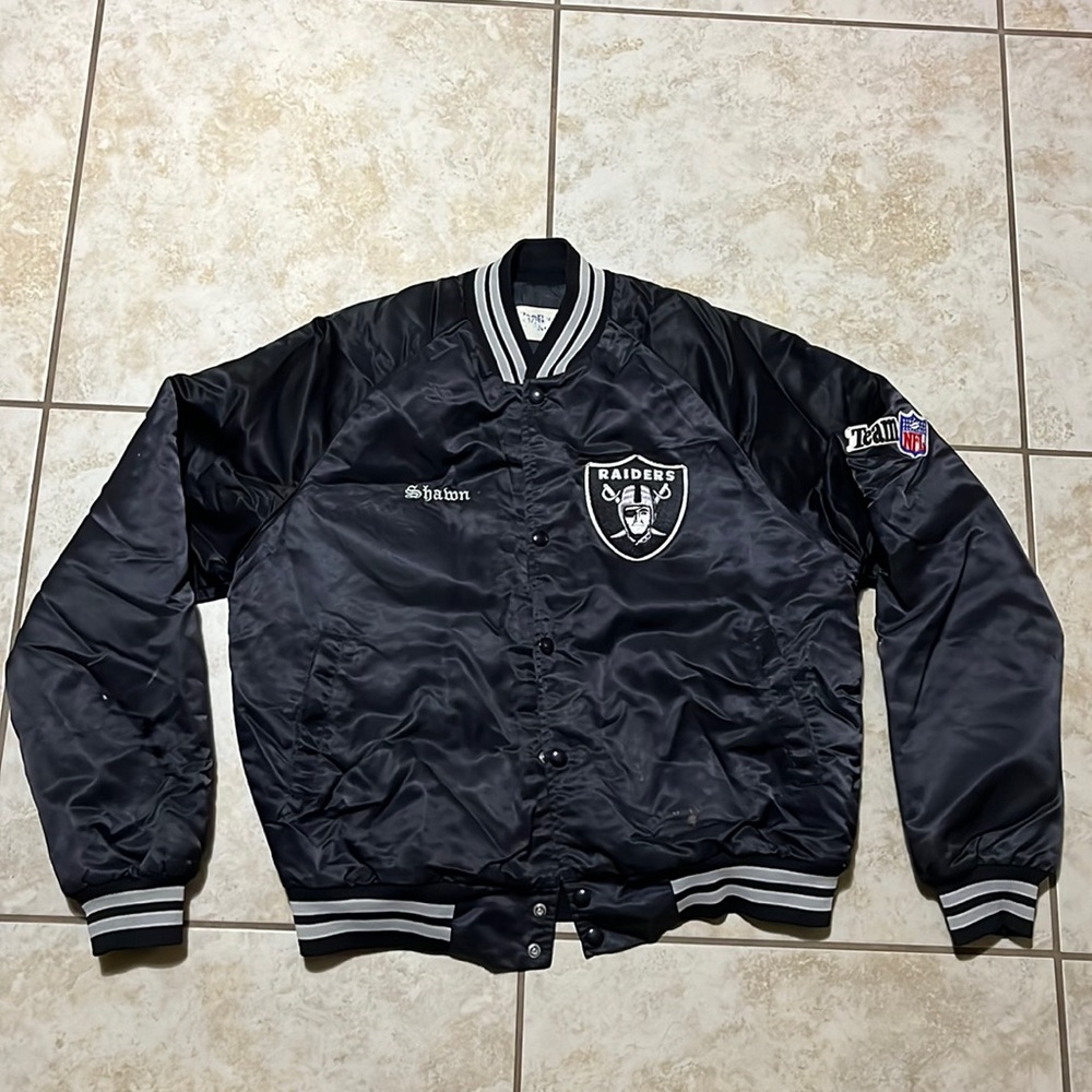 Vintage Chalk Line Oakland Raiders Black Satin Bomber Spellout NFL Jacket Medium
